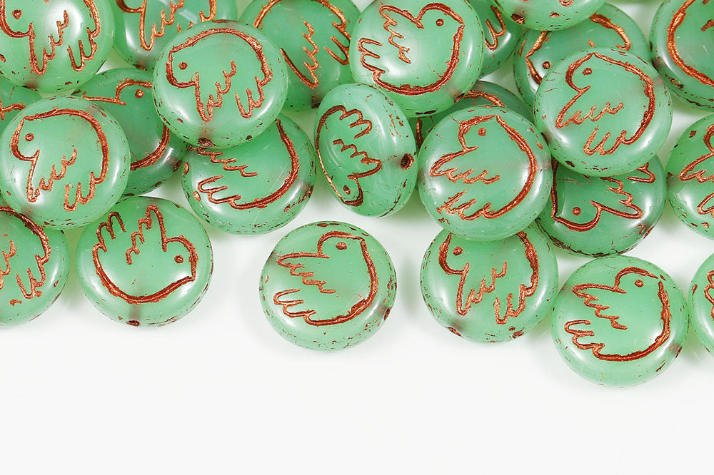 Dove 14mm Opal Green WIth Copper 1-Hole Czech Beads