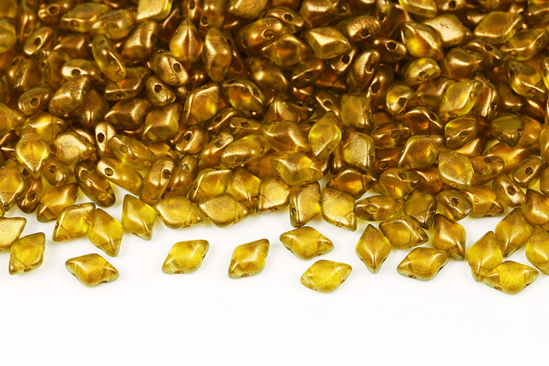 Gemduo 8×5mm Halo Gold Green 2-Hole Czech Beads