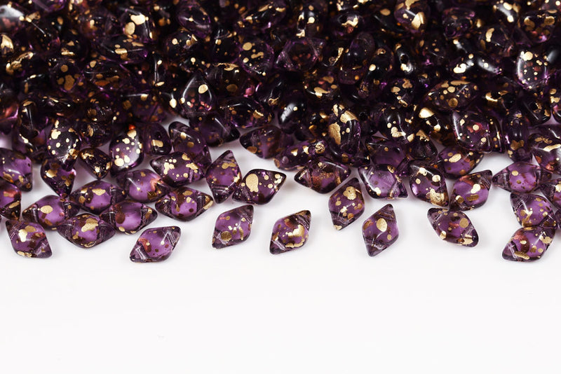 Gemduo 8×5mm Gold Splash Amethyst 2-Hole Czech Beads
