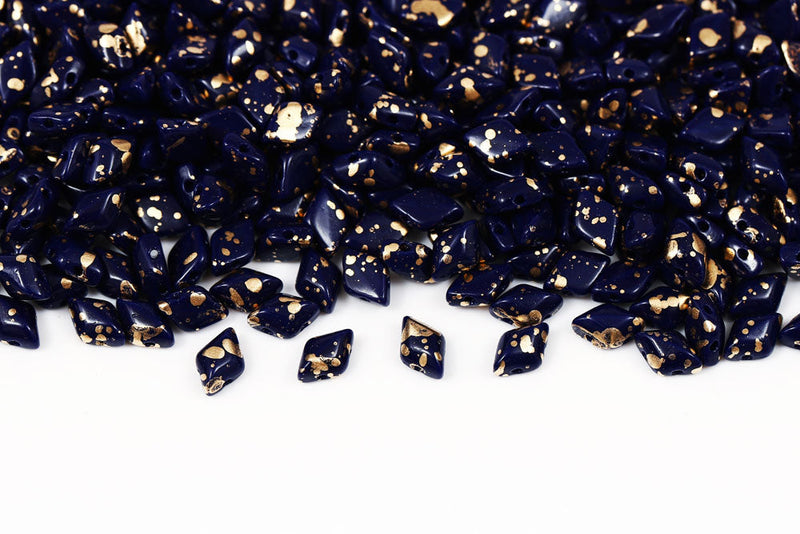 Gemduo 8×5mm Gold Splash Navy Blue 2-Hole Czech Beads