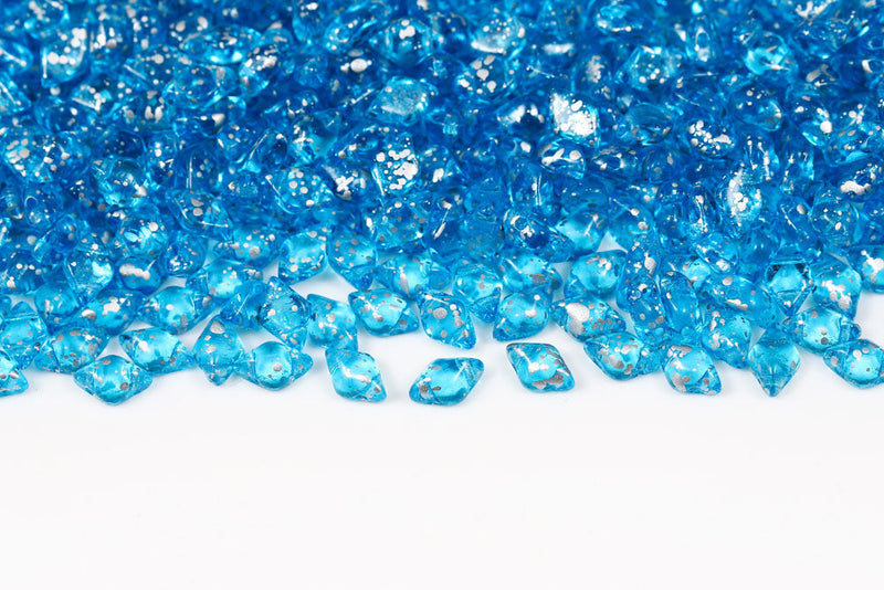 Gemduo 8×5mm Silver Splash Aquamarine 2-Hole Czech Beads