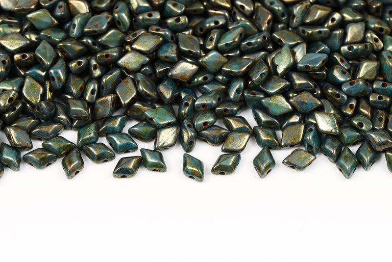 Gemduo 8×5mm Turquoise Green Senegal Brown-purple 2-Hole Czech Beads
