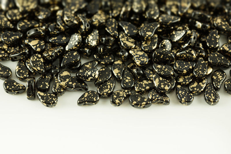 Flatduo 8×5mm Gold Splash Jet 2-Hole Czech Beads