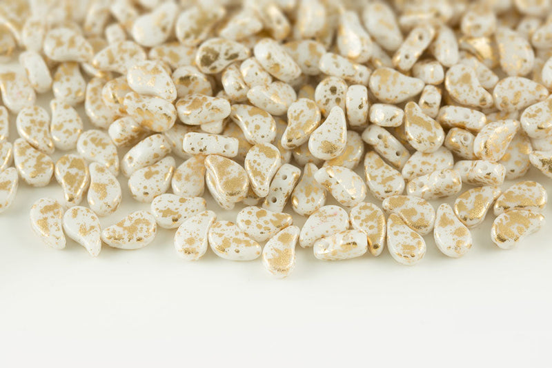 Flatduo 8×5mm Gold Splash Chalk 2-Hole Czech Beads
