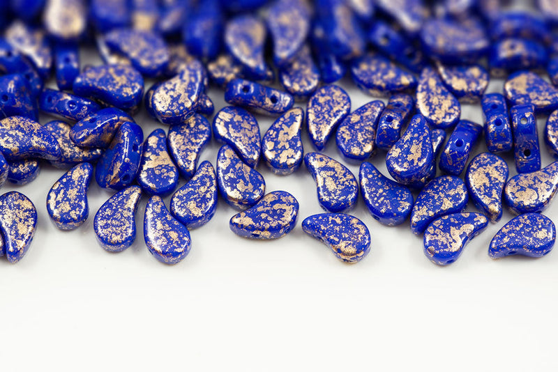 Flatduo 8×5mm Gold Splash Opaque Blue 2-Hole Czech Beads