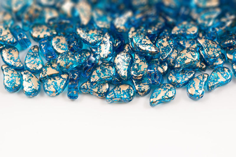 Flatduo 8×5mm Gold Splash Aquamarine 2-Hole Czech Beads
