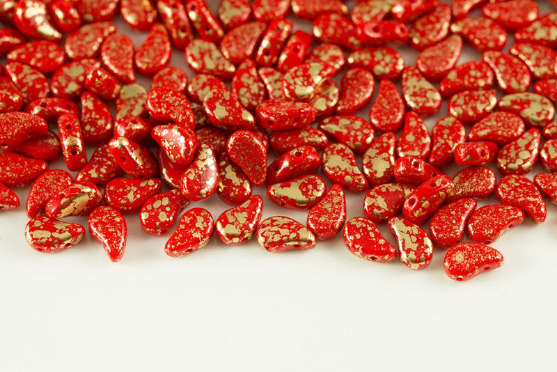 Flatduo 8×5mm Gold Splash Opaque Coral Red 2-Hole Czech Beads
