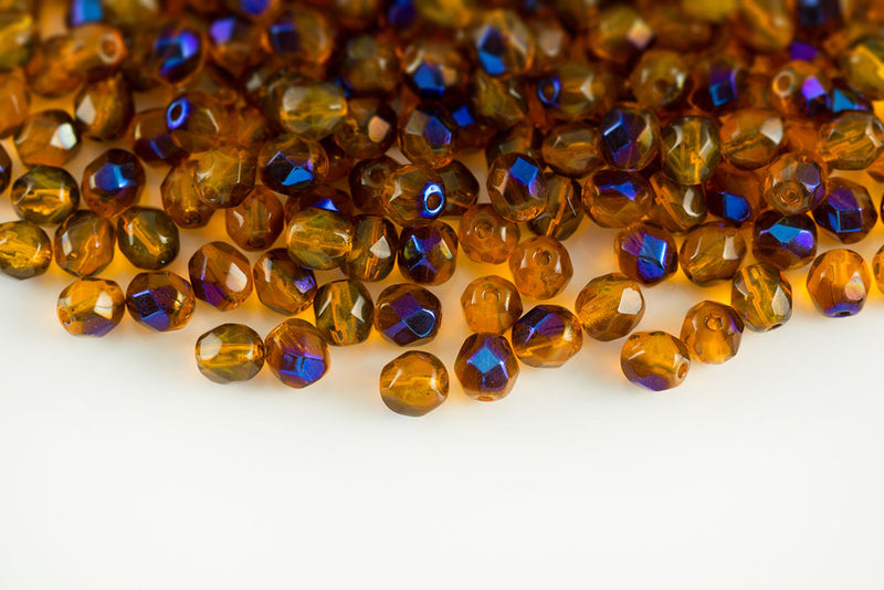 Czech Fire Polished 6mm Orange Azuro Round Beads