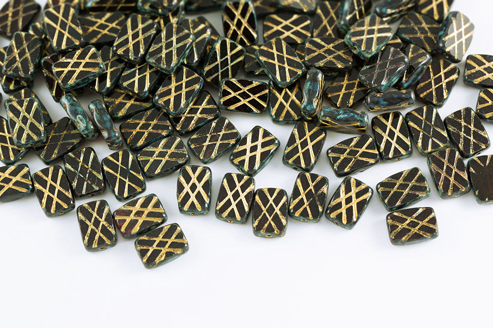 Grid Rectangle 12×8mm Siam Travertin With Gold 1-Hole Czech Beads