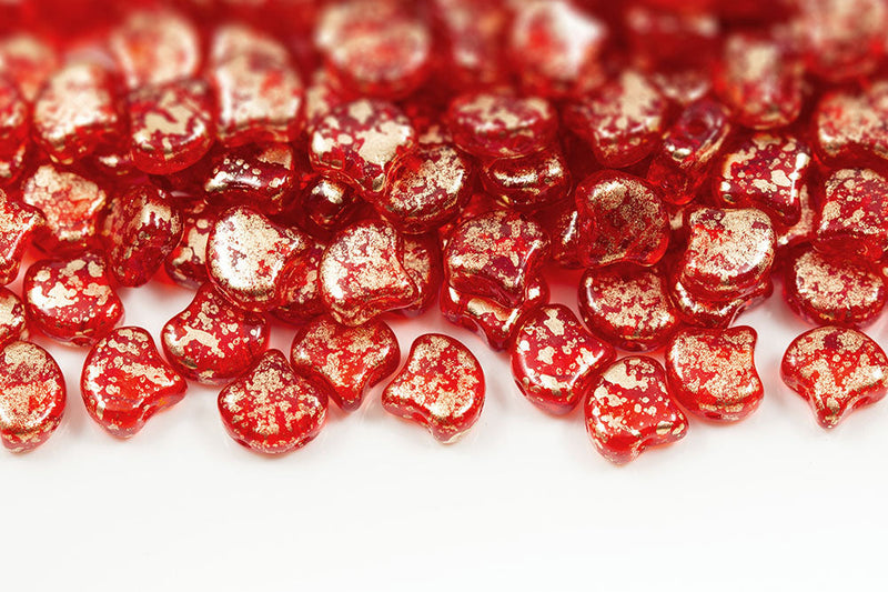 Ginko 7.5×7.5mm Gold Splash Ruby 2-Hole Czech Beads