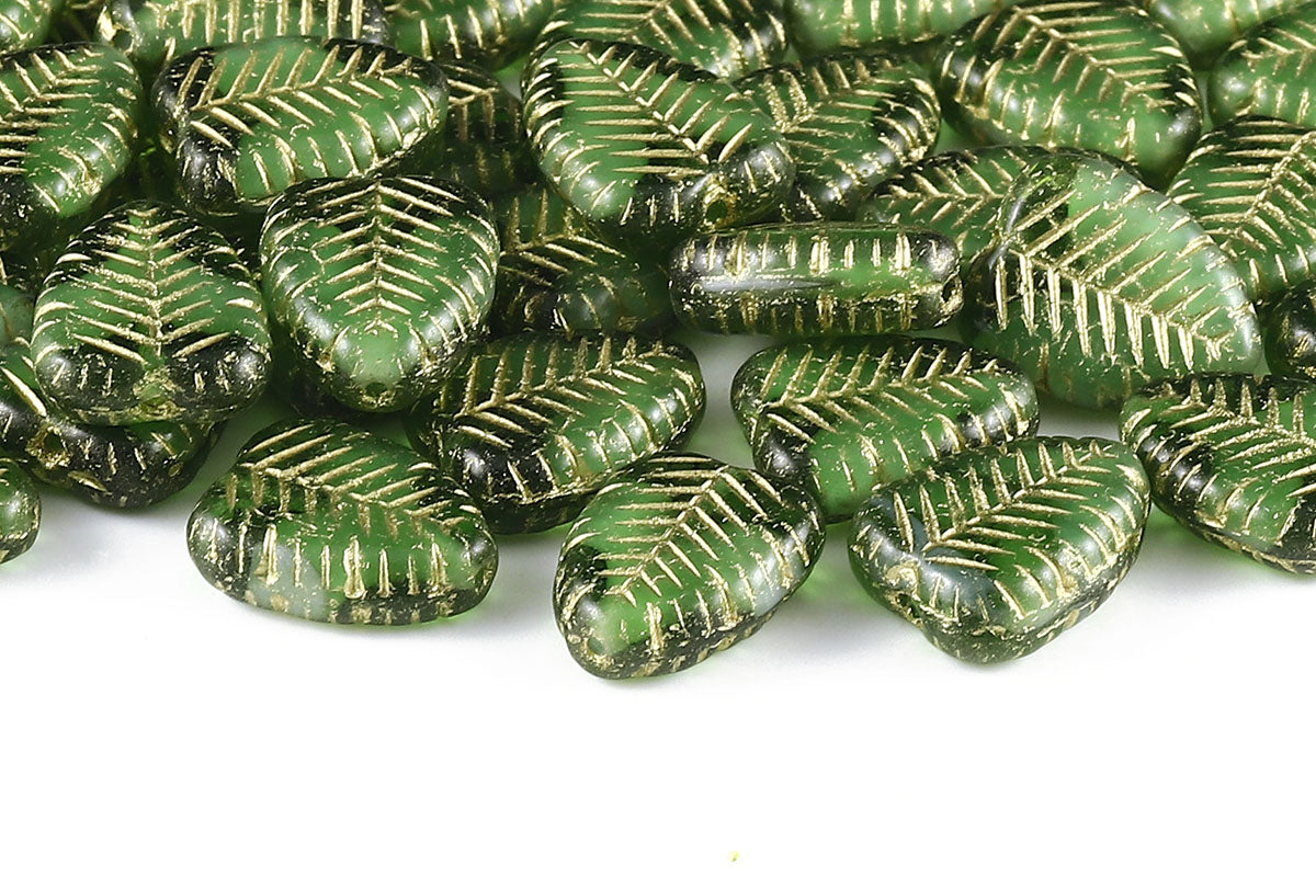 Heart Leaf 16×12mm Green Chalk Mixed With Gold 1-Hole Czech Beads