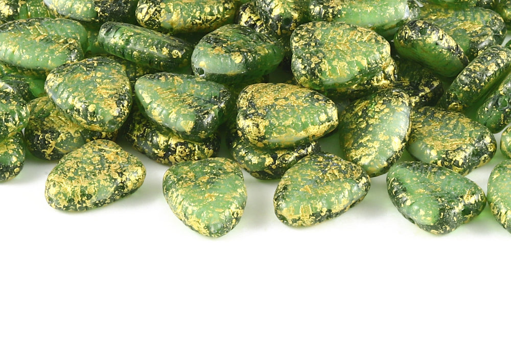 Heart Leaf 16×12mm Chalk&Olivine Gold Splash 1-Hole Czech Beads