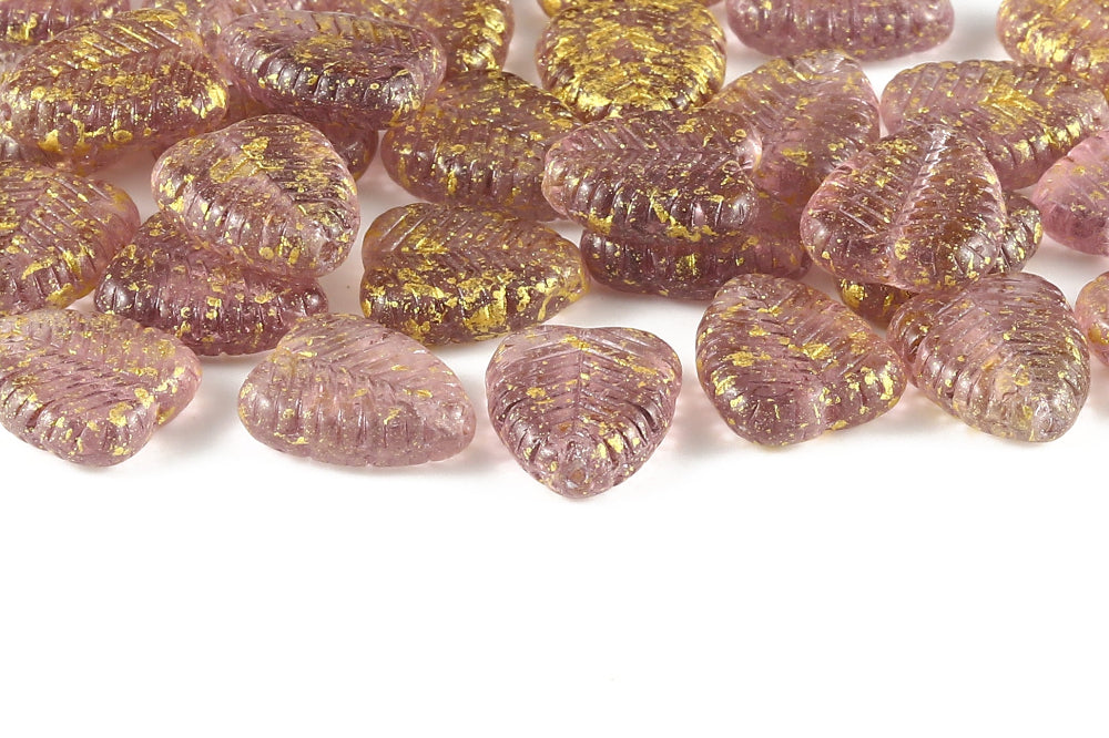 Heart Leaf 16×12mm  Lt.Amethyst Gold Splash 1-Hole Czech Beads