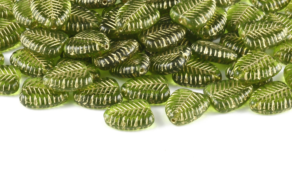 Heart Leaf 16×12mm Olivine Dark With Gold 1-Hole Czech Beads