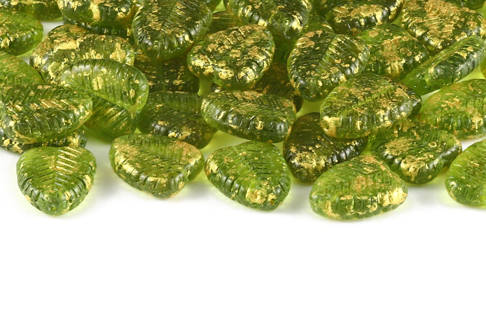 Heart Leaf 16×12mm Olivine Gold Splash 1-Hole Czech Beads