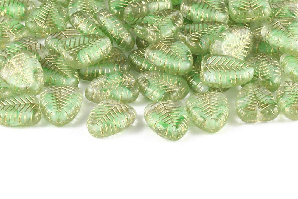 Heart Leaf 16×12mm Crystal Chalk Peridot Mixed With Gold 1-Hole Czech Beads
