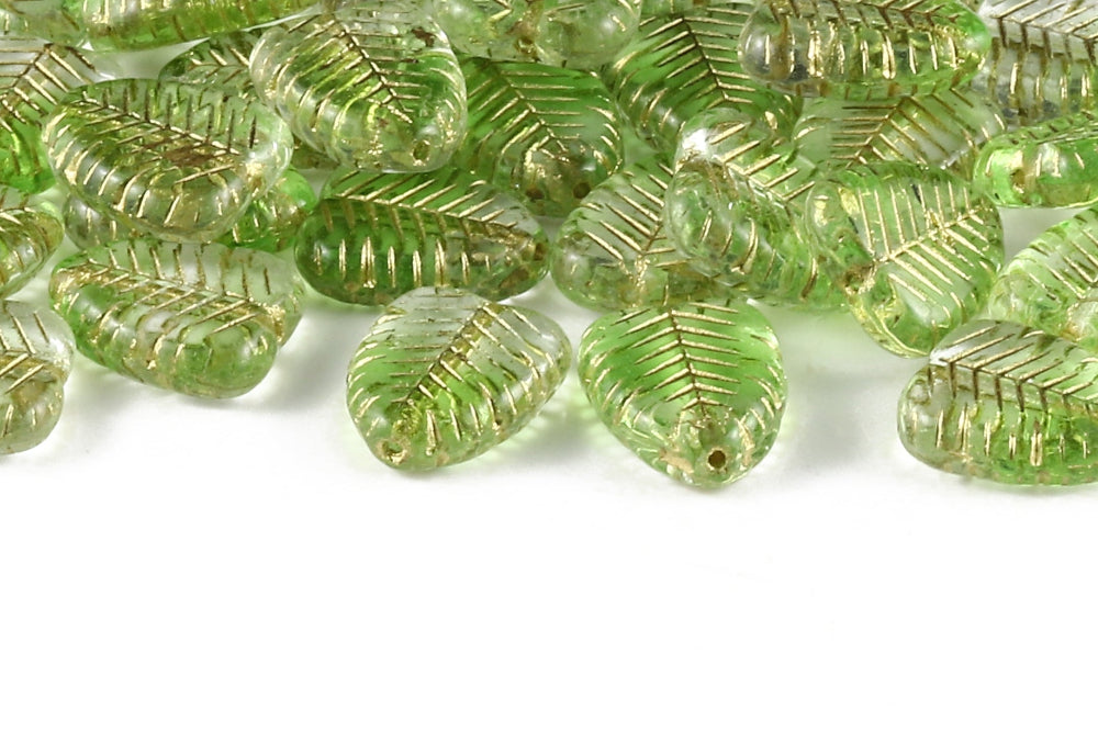 Heart Leaf 16×12mm Crystal Green Mixed With Gold 1-Hole Czech Beads