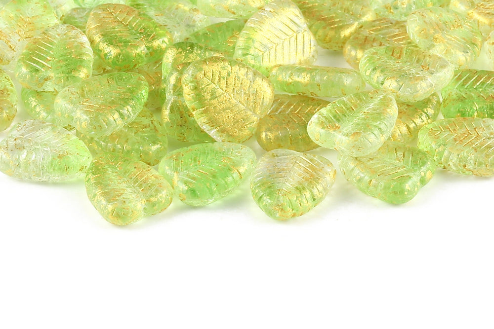 Heart Leaf 16×12mm Crystal Green Mixed Gold Splash 1-Hole Czech Beads