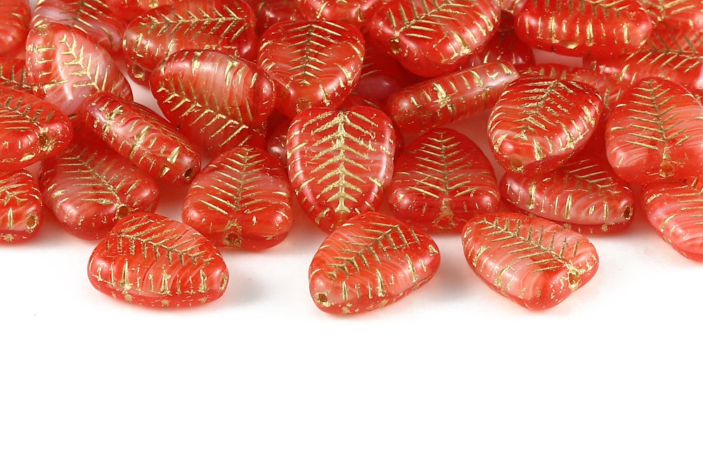 Heart Leaf 16×12mm Lt.Siam Chalk Mixed With Gold 1-Hole Czech Beads