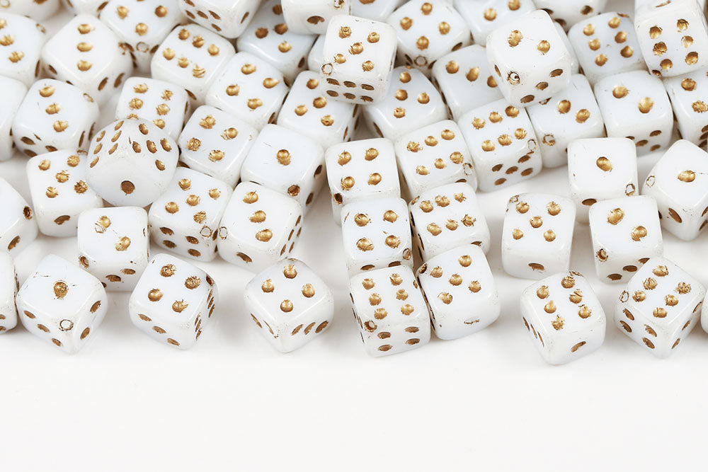 Dice 10mm Chalk With Gold 1-Hole Czech Beads