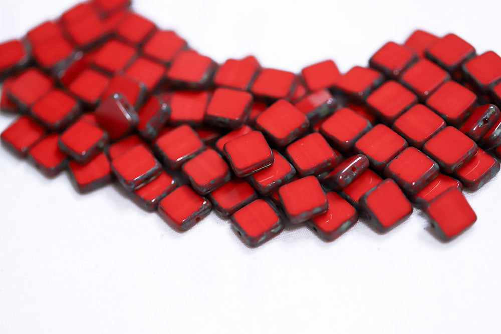 Flat Squared 10×10mm Opaque Red Travertin 1-Hole Czech Beads