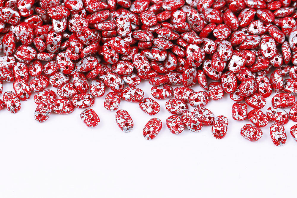 Wave 3×7mm Coral Red Silver Splash 2-Hole Czech Beads