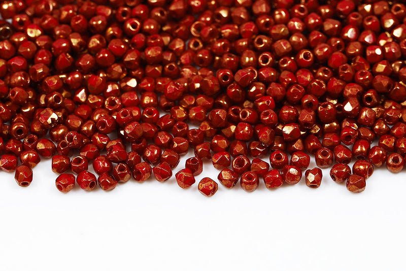 Czech Fire Polished 2.0mm Opaque Coral Red With Gold Marble Finish Round Beads