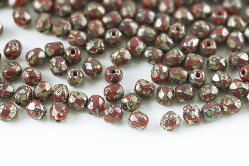 Czech Fire Polished 4mm Opaque Coral Red Picasso Round Beads
