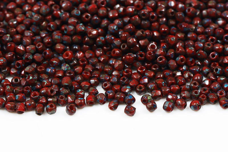 Czech Fire Polished 2.0mm Opaque Coral Red Travertin Round Beads