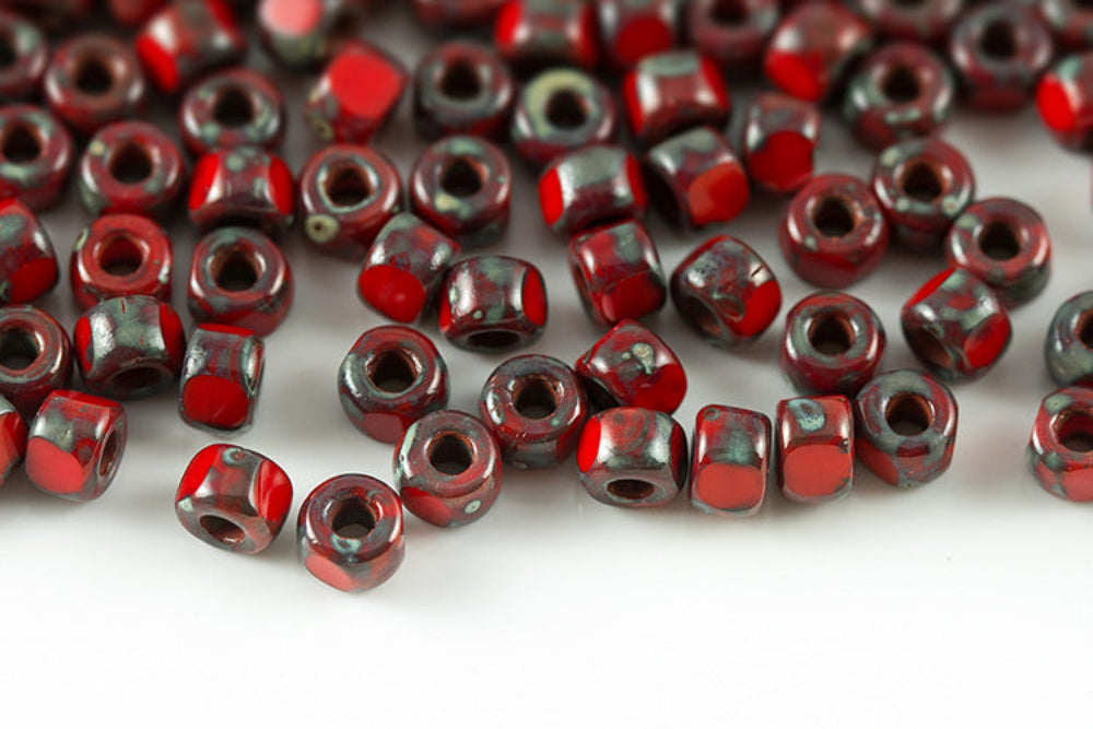 Matubo 3 Cut 6/0 Coral Red Travertin Dark Czech Seed bead