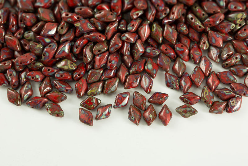 Gemduo 8×5mm Opaque Coral Red Travertin 2-Hole Czech Beads