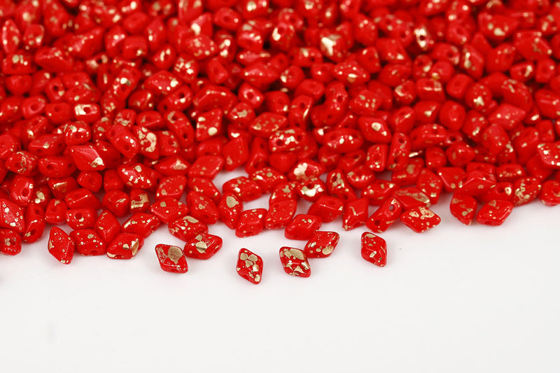 MiniGemduo 6×4mm Coral Red Gold Splash 2-Hole Czech Beads