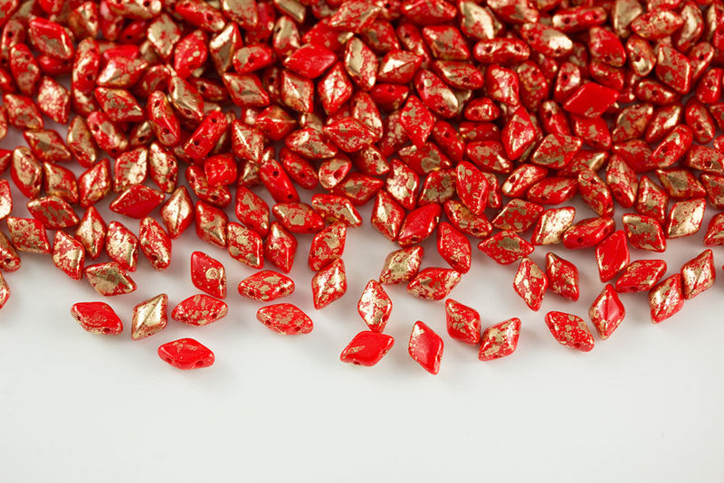 Gemduo 8×5mm Coral Red Gold Splash 2-Hole Czech Beads