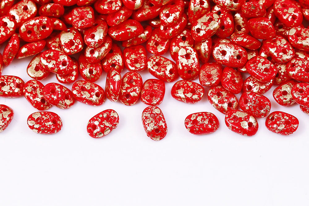 Wave 3×7mm Coral Red Gold Splash 2-Hole Czech Beads