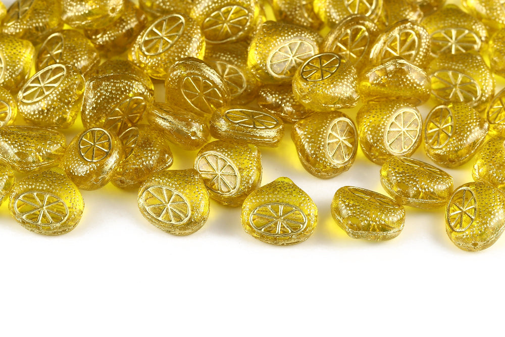 Half Lemon 15mm Lt.Yellow With Gold 1-Hole Czech Beads