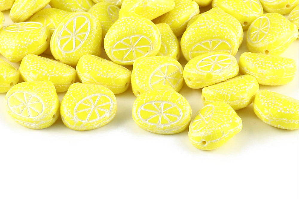 Half Lemon 15mm Lemon Travertin With White 1-Hole Czech Beads