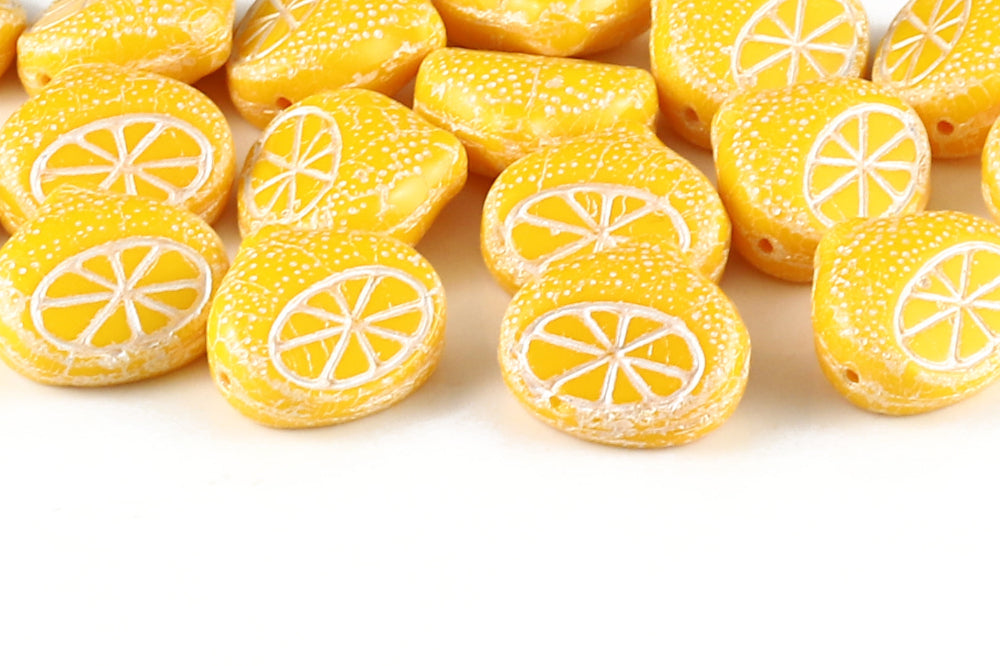 Half Lemon 15mm Opaque Orange With White 1-Hole Czech Beads