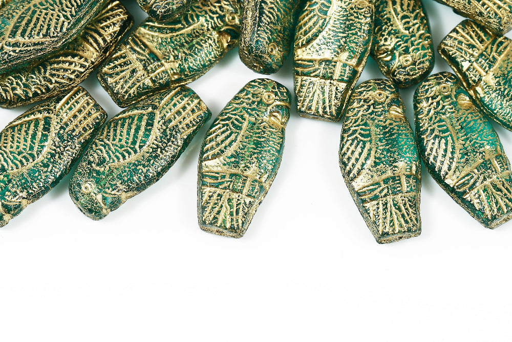 Parrot 25×12mm Crystal Blue Green With Gold 1-Hole Czech Beads