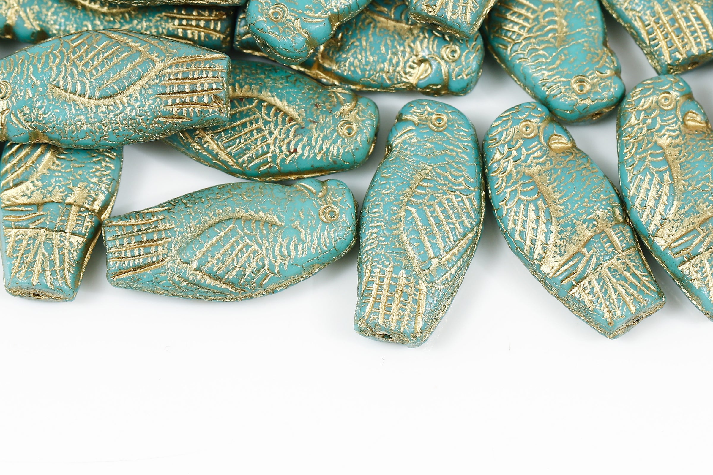 Parrot 25×12mm Opaque Blue Green With Gold 1-Hole Czech Beads