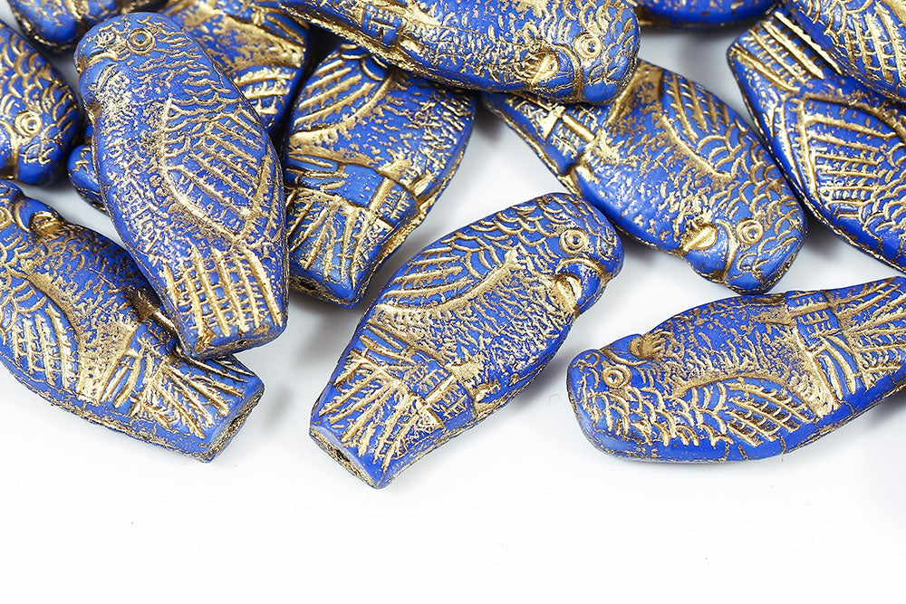 Parrot 25×12mm Opaque Blue With Gold 1-Hole Czech Beads