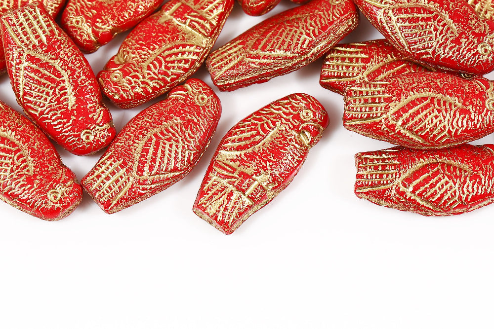 Parrot 25×12mm Opaque Red With Gold 1-Hole Czech Beads