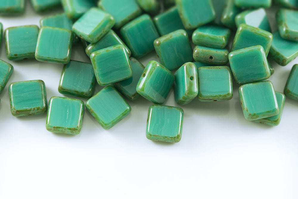 Flat Squared 10×10mm Turquoise Green Travertin 1-Hole Czech Beads