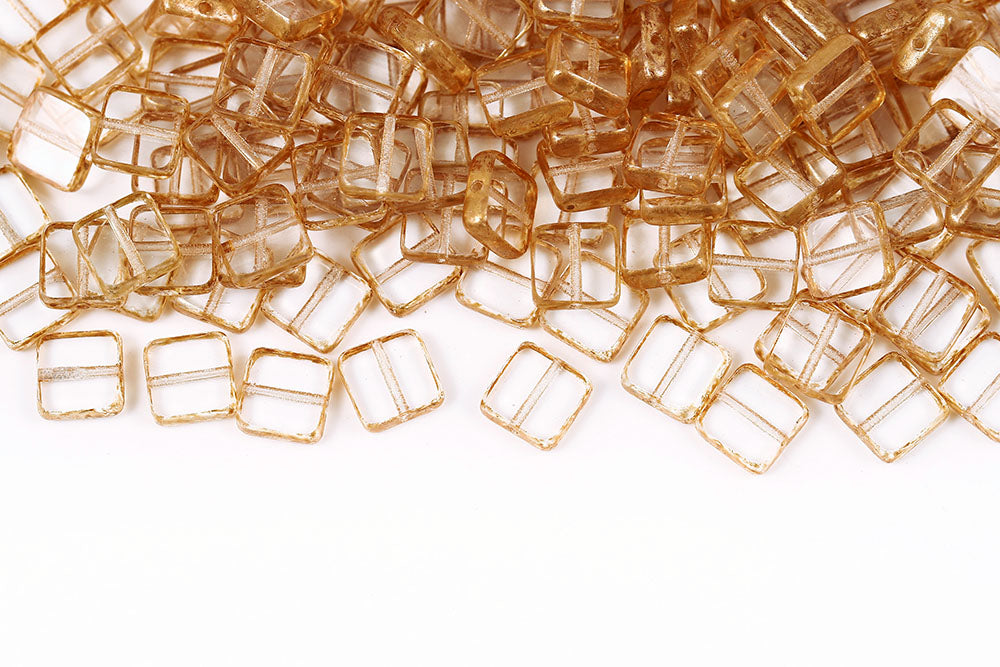 Flat Squared 10×10mm Crystal Orange Finish 1-Hole Czech Beads