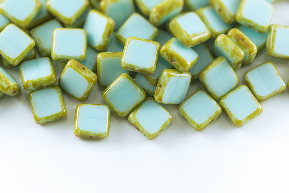 Flat Squared 10×10mm Opaque Aqua Travertin 1-Hole Czech Beads