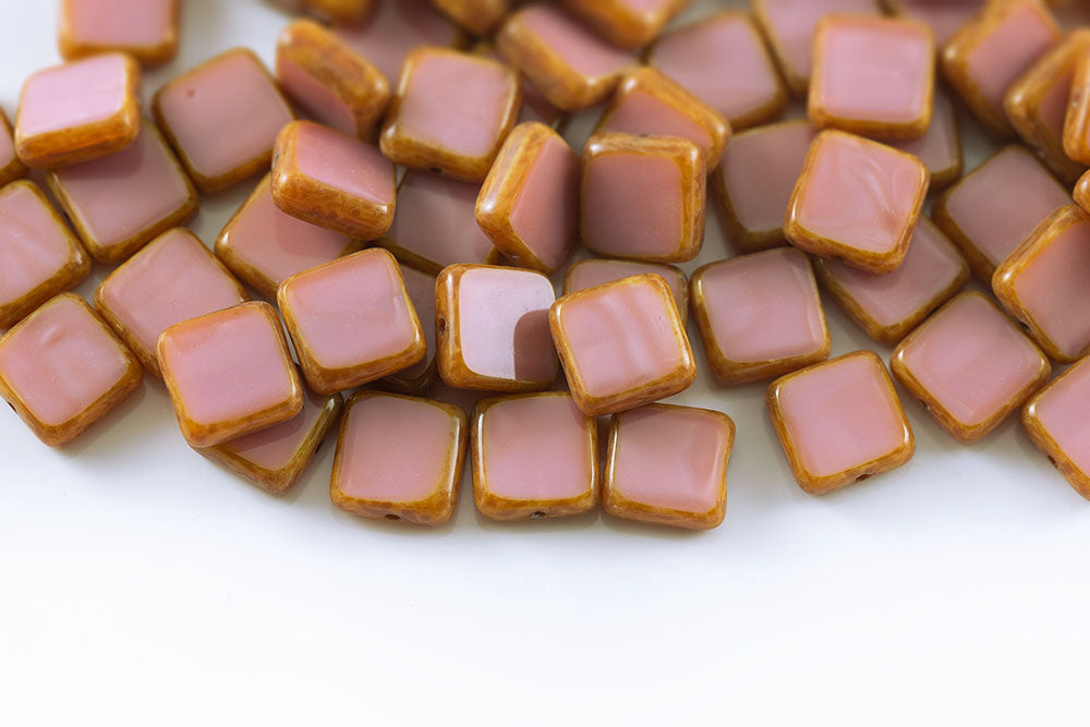 Flat Squared 10×10mm Silk Peach Travertin 1-Hole Czech Beads
