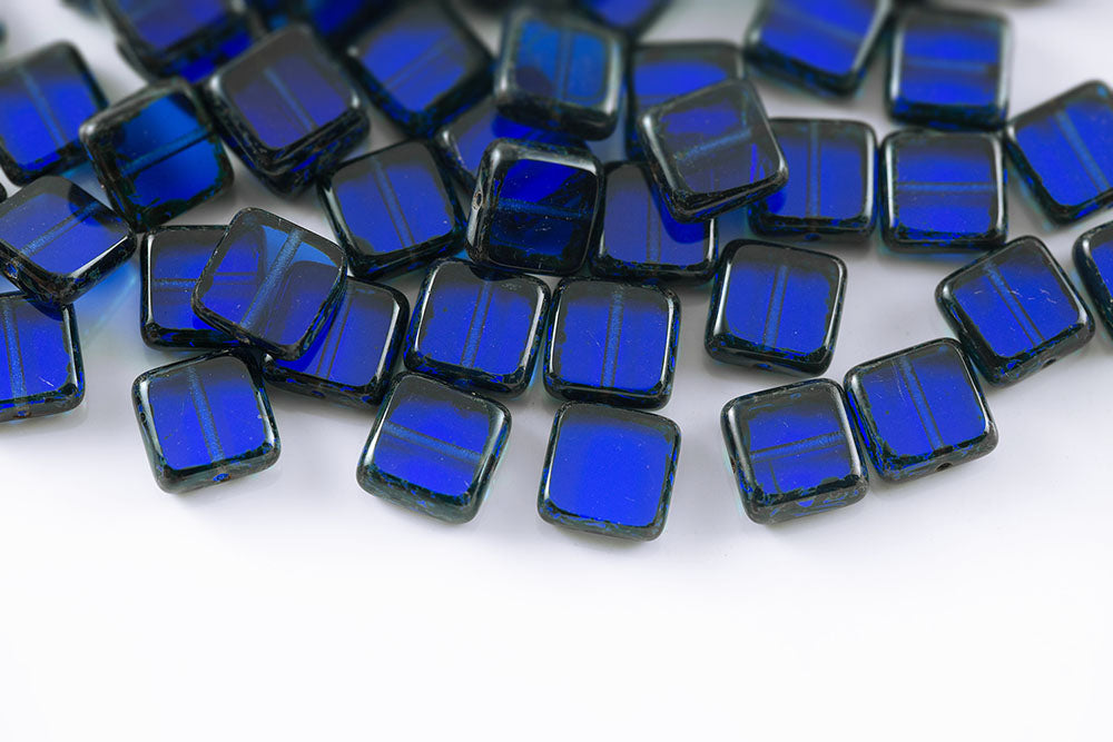 Flat Squared 10×10mm Sapphire Travertin 1-Hole Czech Beads
