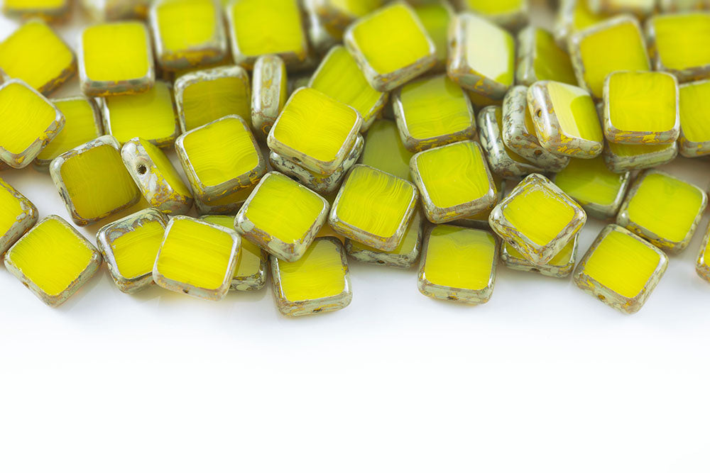 Flat Squared 10×10mm Opal Lemon Travertin 1-Hole Czech Beads