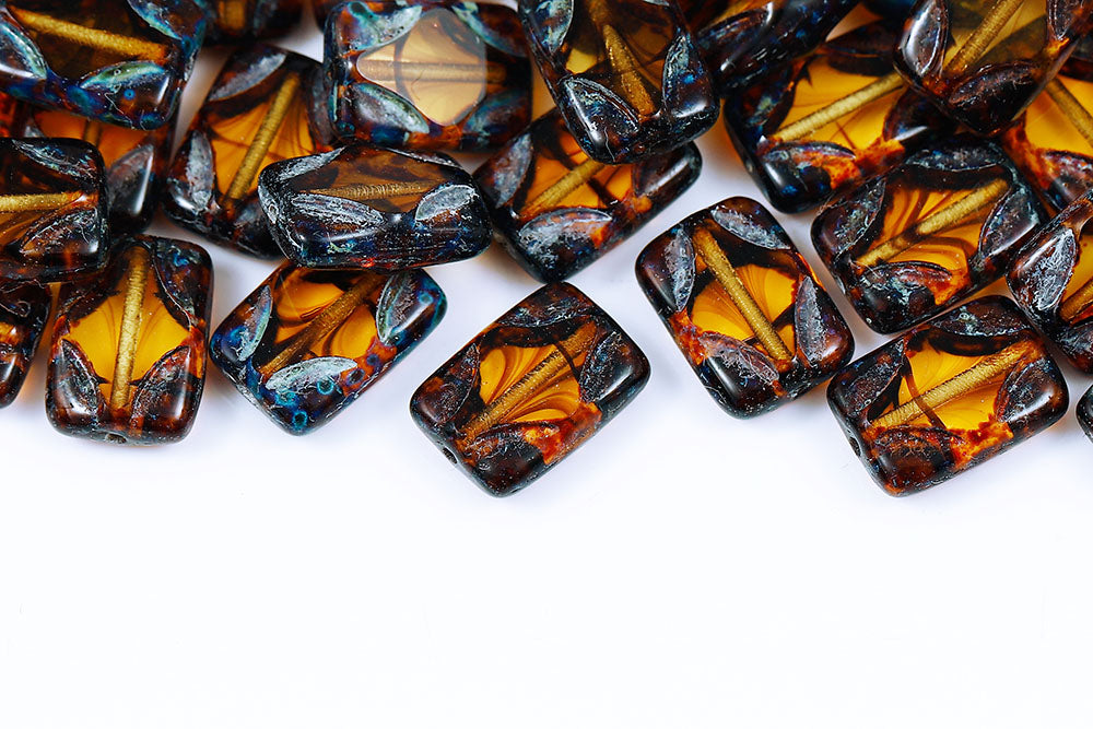 Window Rectangle 12×8mm Black Stripes On Brown Travertine 1-Hole Czech Beads