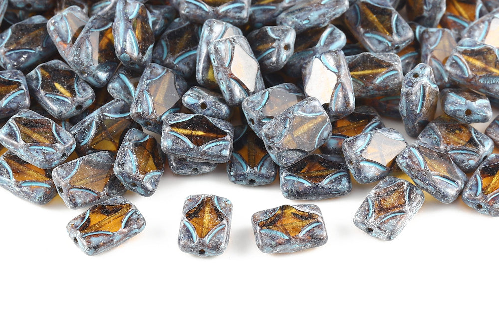 Window Rectangle 12×8mm Topaz Sandwich Travertin Blue 1-Hole Czech Beads