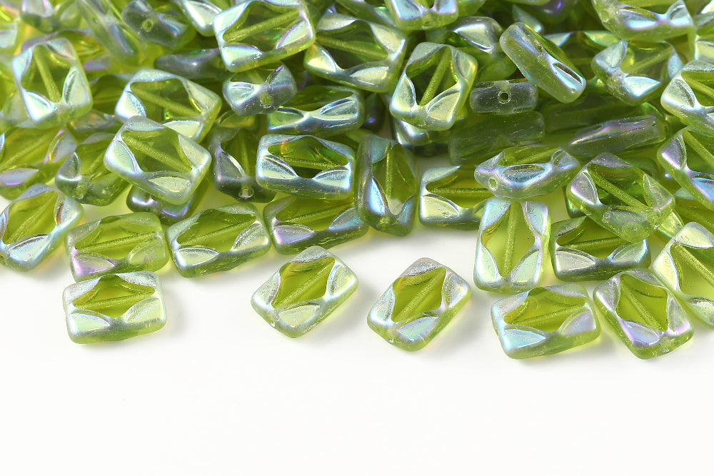 Window Rectangle 12×8mm Olivine AB Full 1-Hole Czech Beads